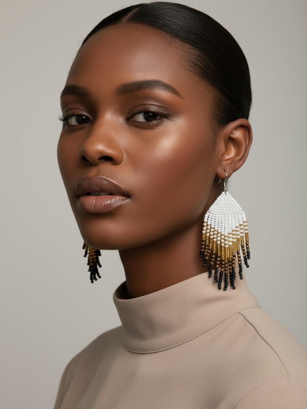 Handmade Beaded Fringe Earrings in White, Gold & Black - Women's Jewelry